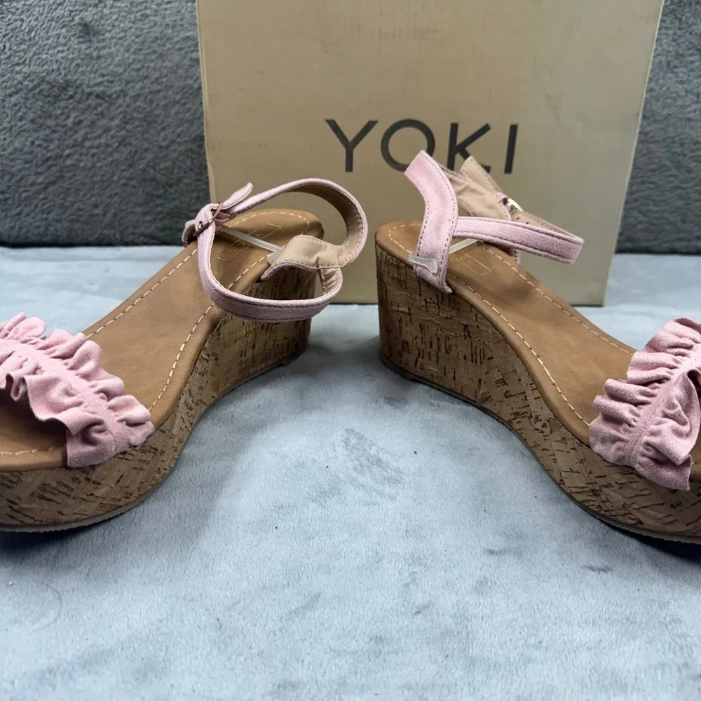 Yoki Carrin-40 Blush Pink Ruffle Cork Wedge Platform Sandals Womens 7.5‎
